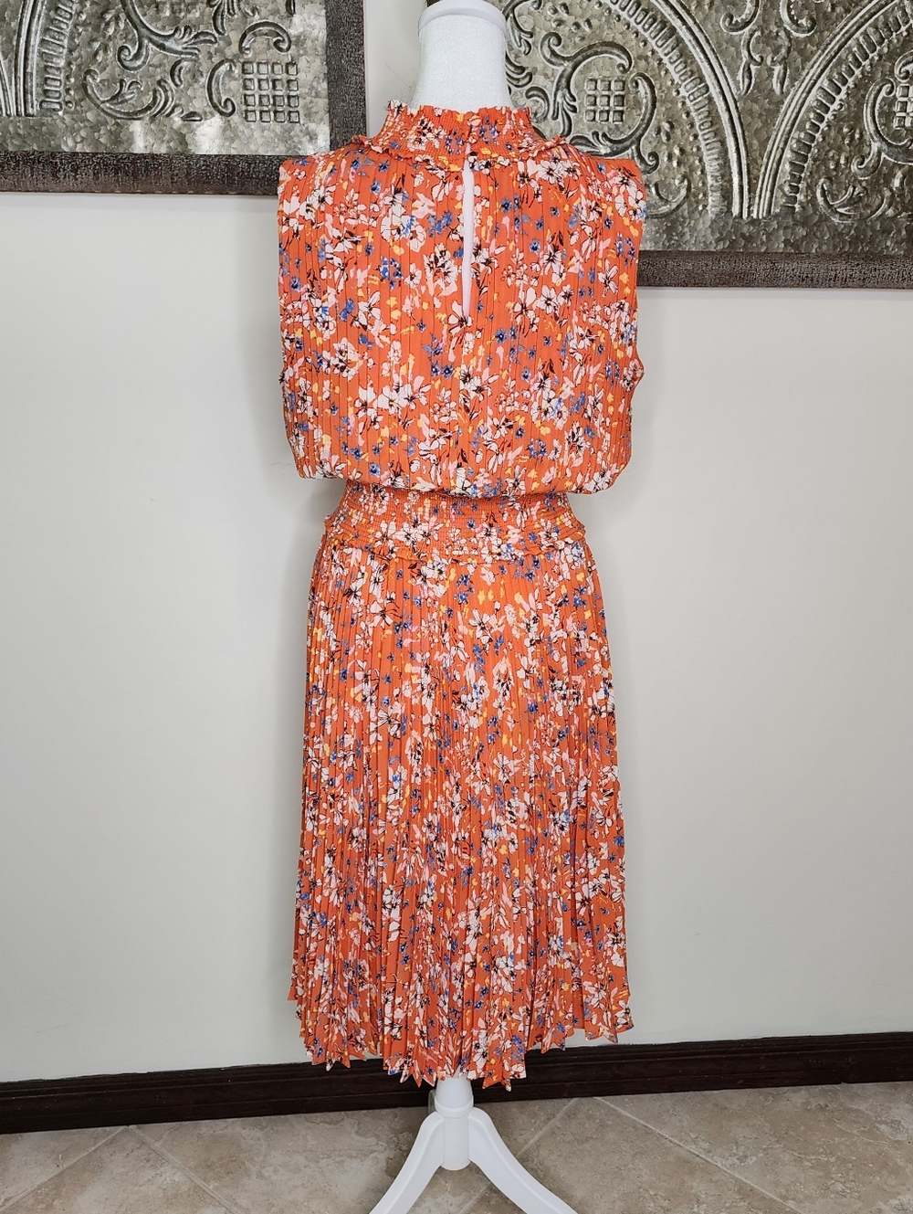 Nanette Lapore Orange Floral Pleated Sleeveless Drop Waist Midi Dress Sz12 Party - Picture 9 of 14